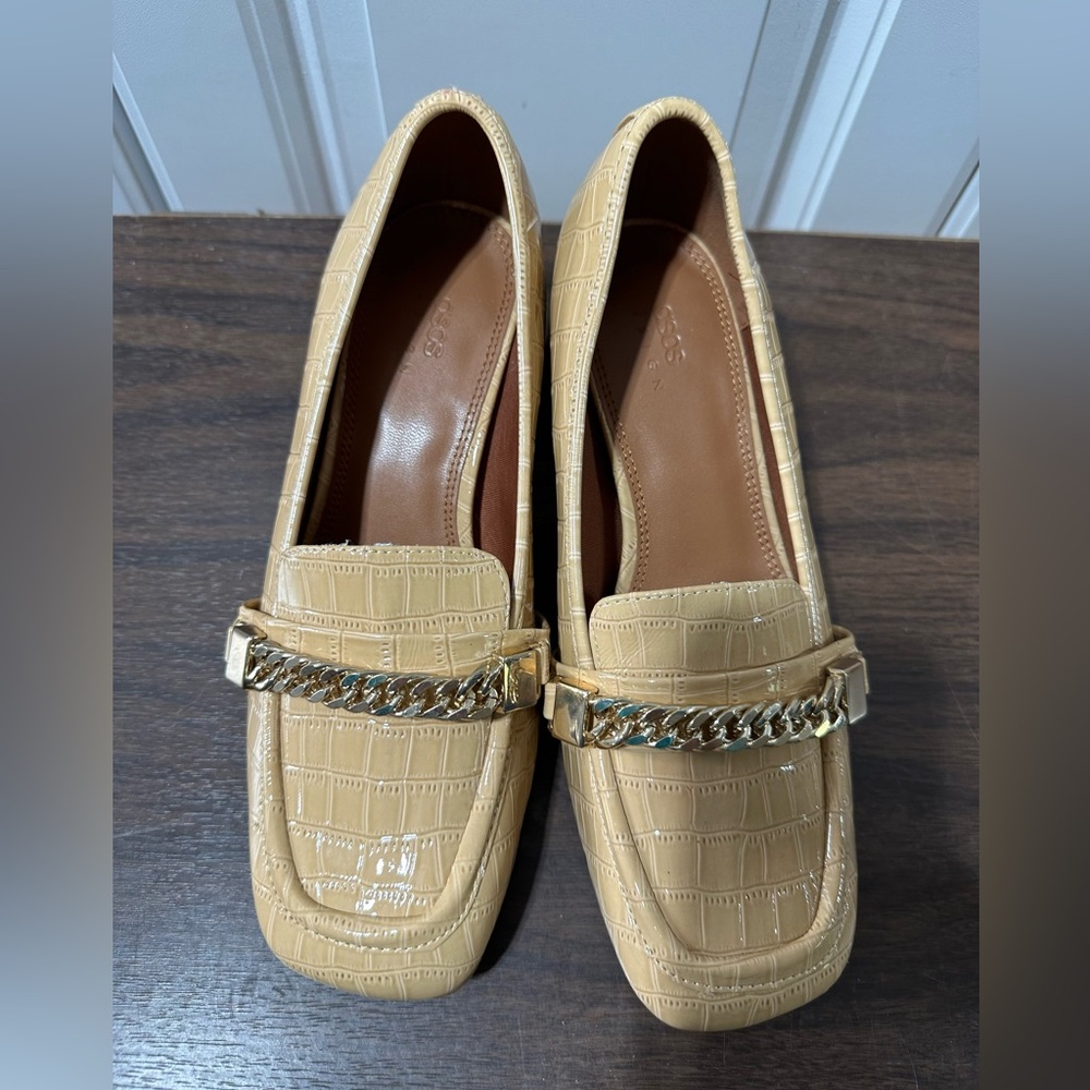 ASOS Tan Croc-Embossed Loafers with Gold Chain and Block Heel